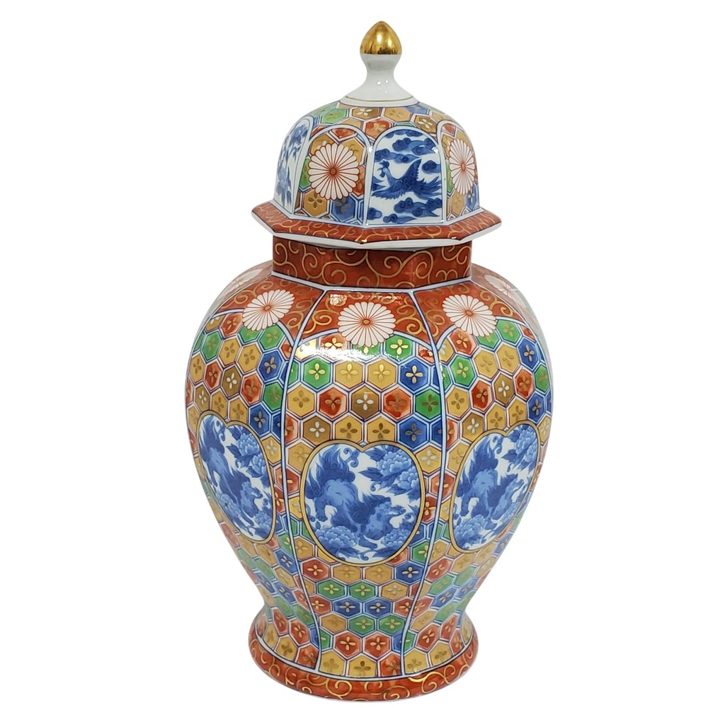 OMC Ginger Jar Japanese Porcelain Multi Blue Orange Foo Dog Imari Style